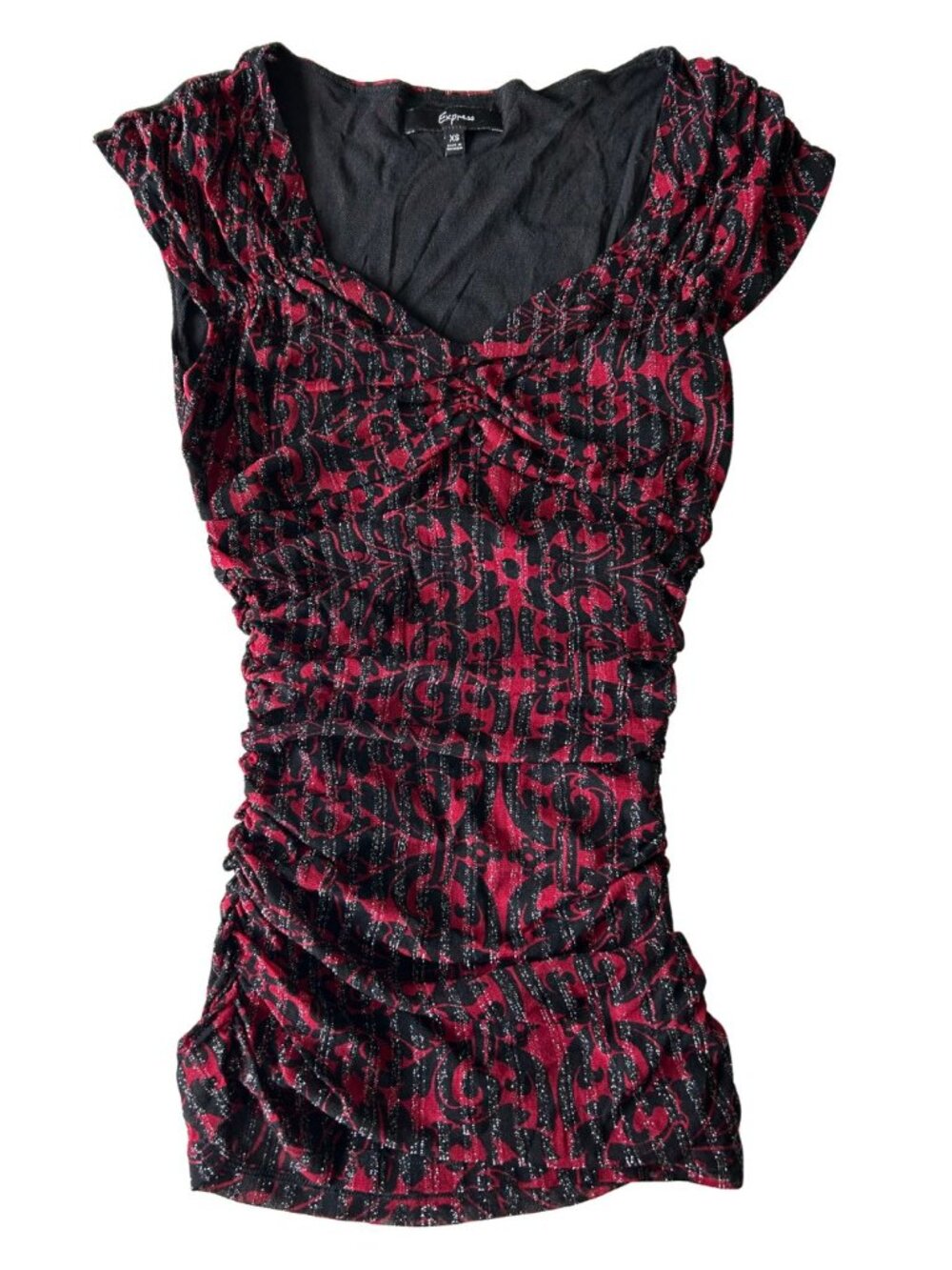 Express Rouched Flattering Red & Black Top Women's Size XS
